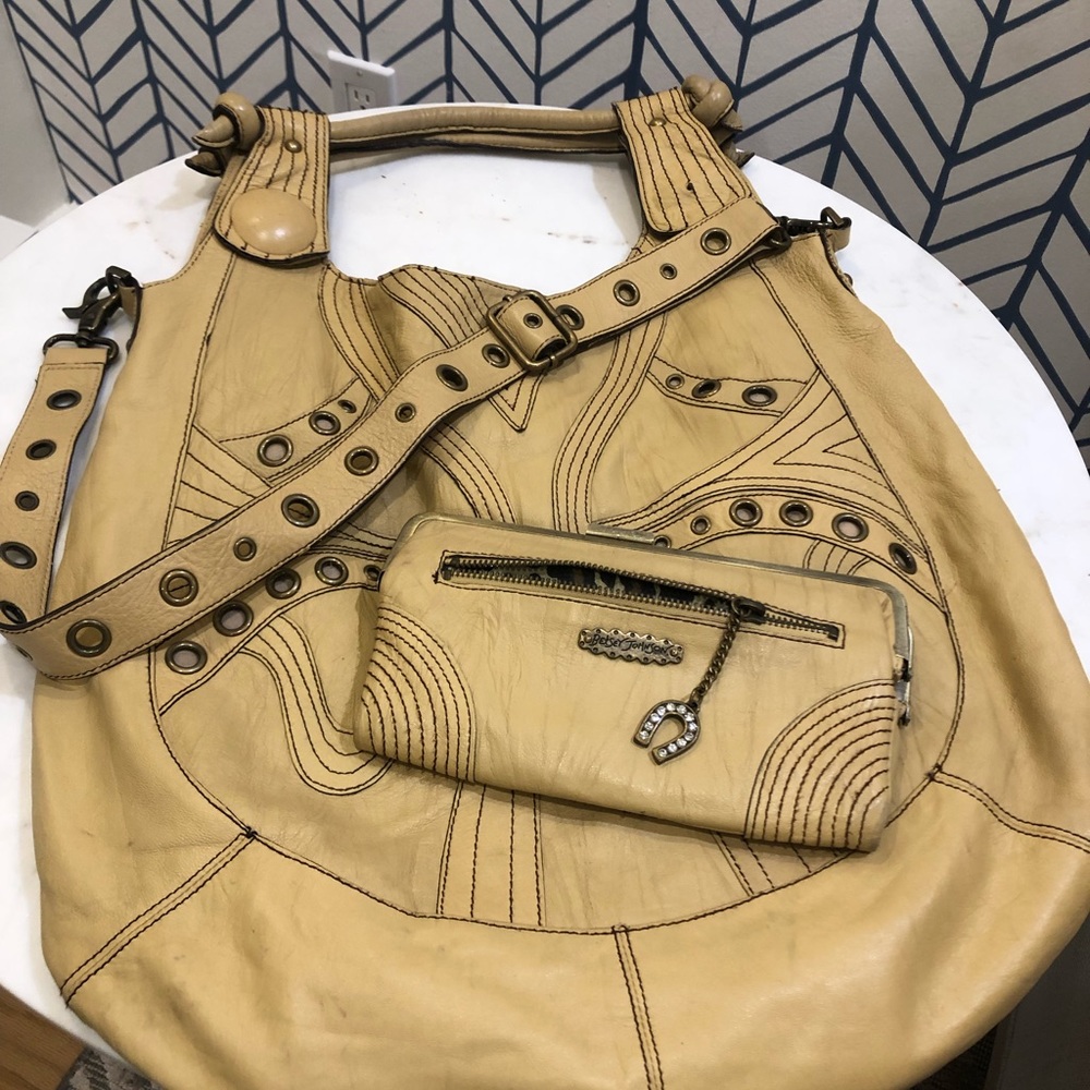 RARE VTG BETSEY JOHNSON WESTERN STUDDED MULTI-COMP WALLET & HOBO BAG >Fair<